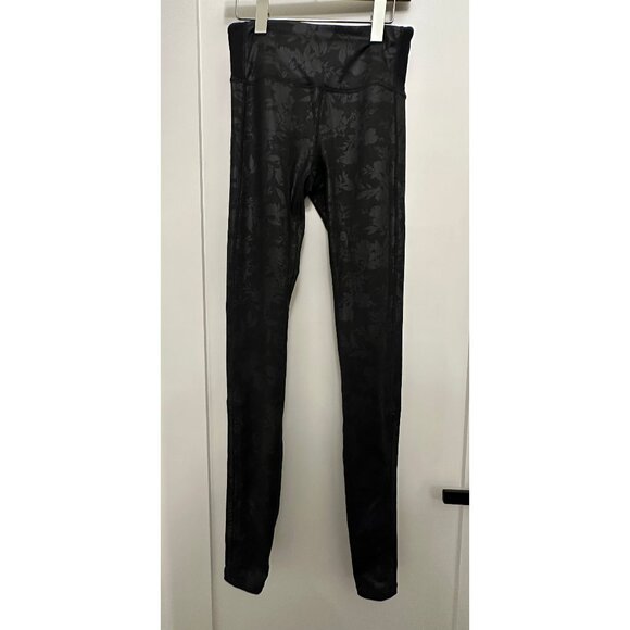 Athleta Ballet Stirrup Leggings, Black on Black Floral, Ruched Leg, Size Small T - Picture 1 of 9